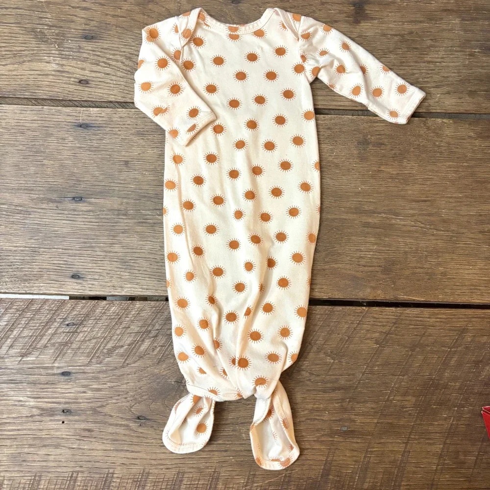 Sun Pattern Newborn Knotted Baby Gown Fold Over Hand Cuffs 100% Cotton Size 0-6m